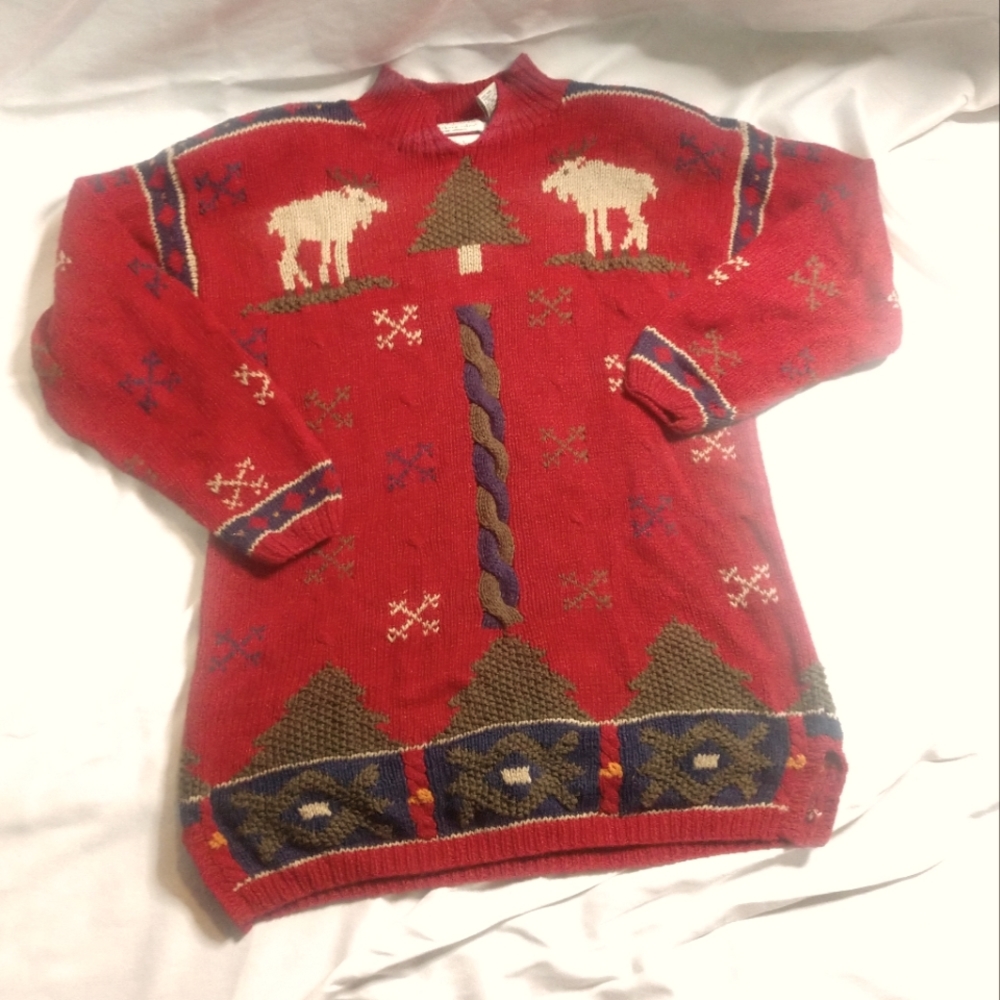 Vintage Hand Knitted Chunky Moose Holiday Christmas Sweater by Northern Isles